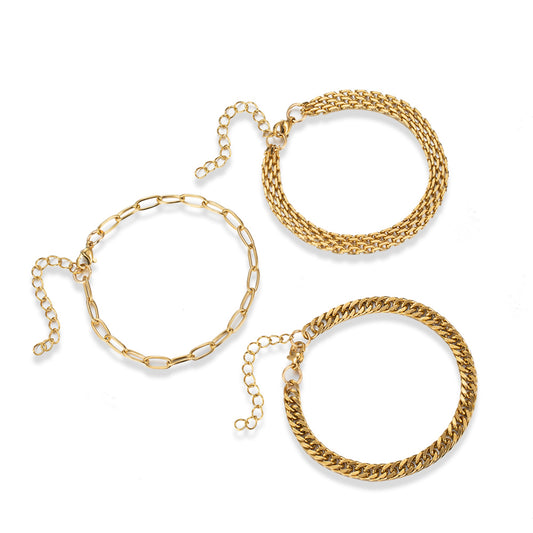 Fashionable Three Layers Gold Tone Women Chain Bracelet Set