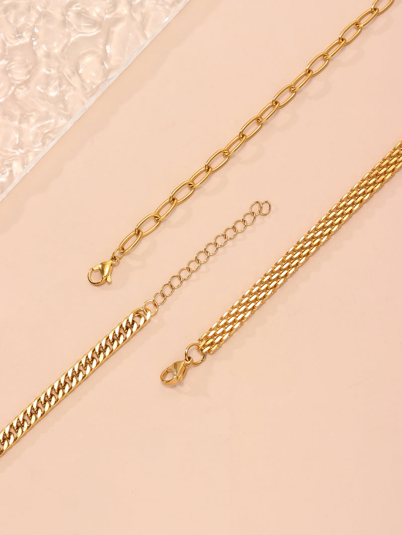 Fashionable Three Layers Gold Tone Women Chain Bracelet Set