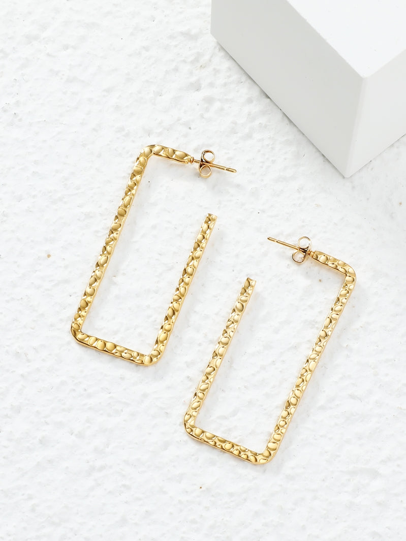 Gold Tone Rectangle Geometric Design Hoop Earrings