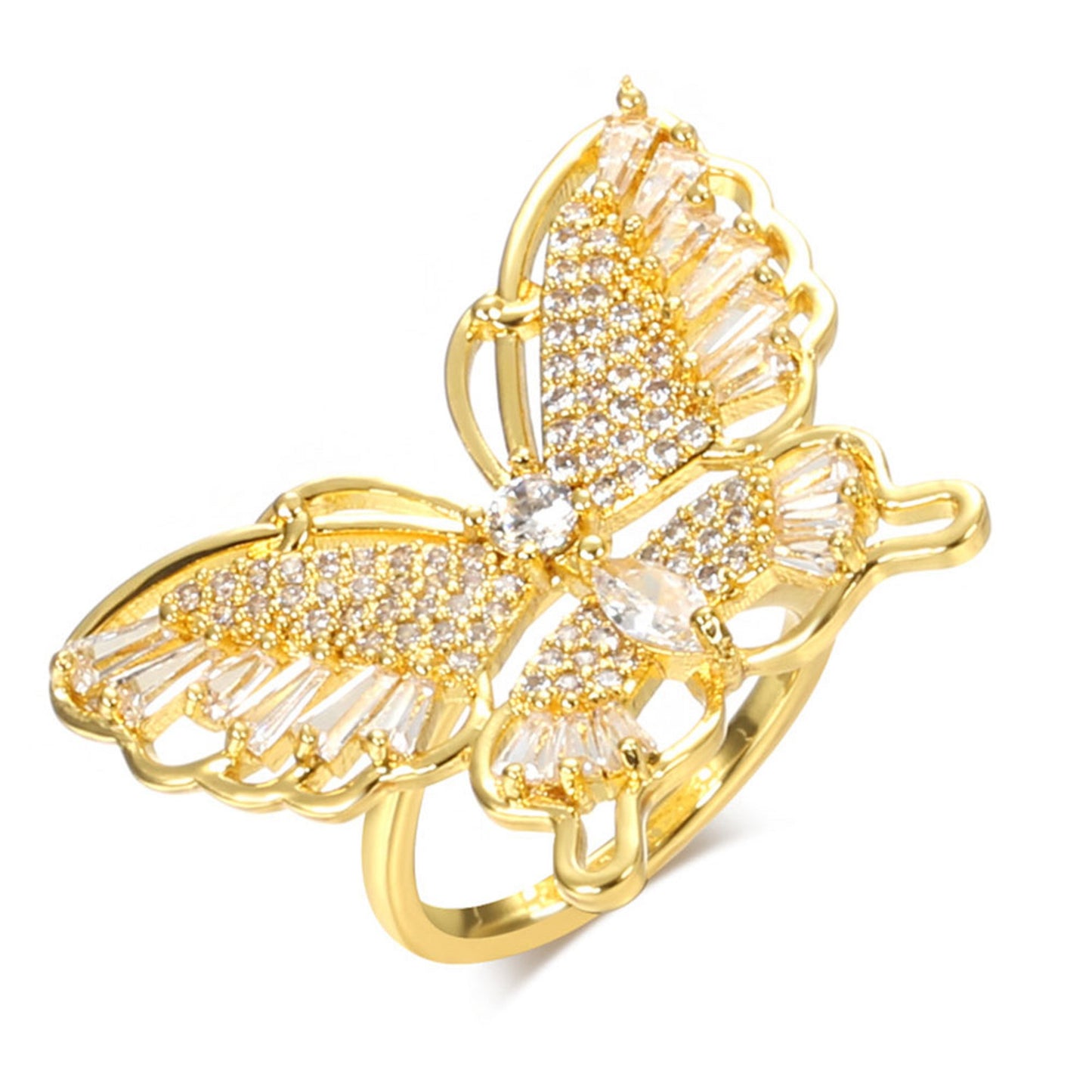 Sparkling Gold Tone Butterfly With Crystals Open Ring