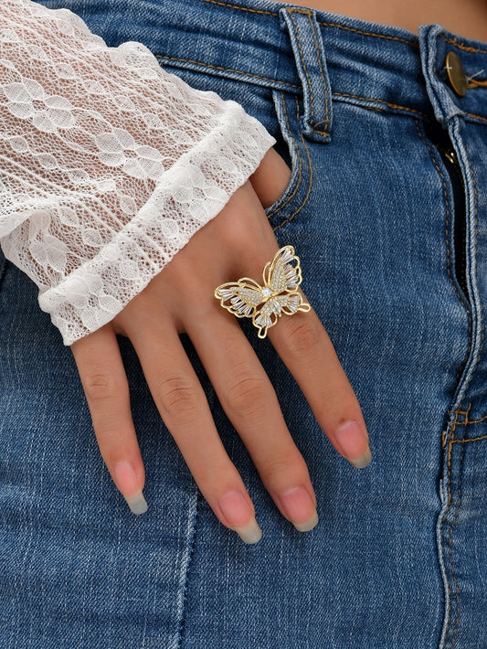 Sparkling Gold Tone Butterfly With Crystals Open Ring