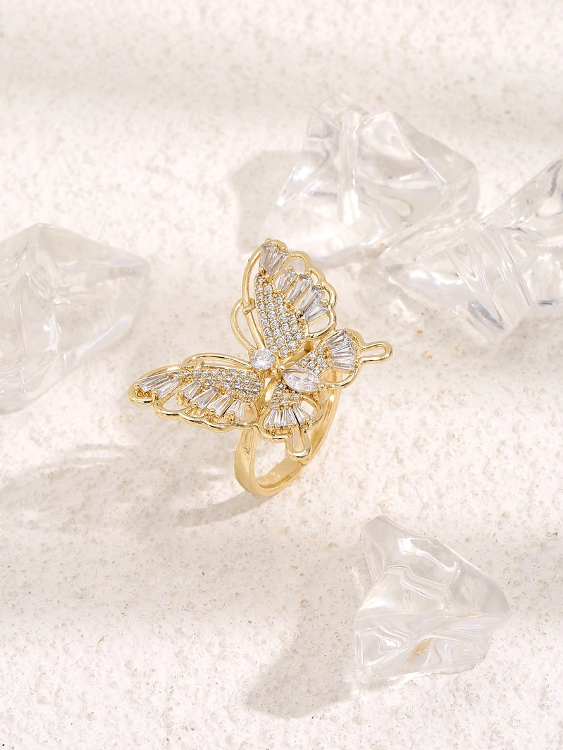 Sparkling Gold Tone Butterfly With Crystals Open Ring