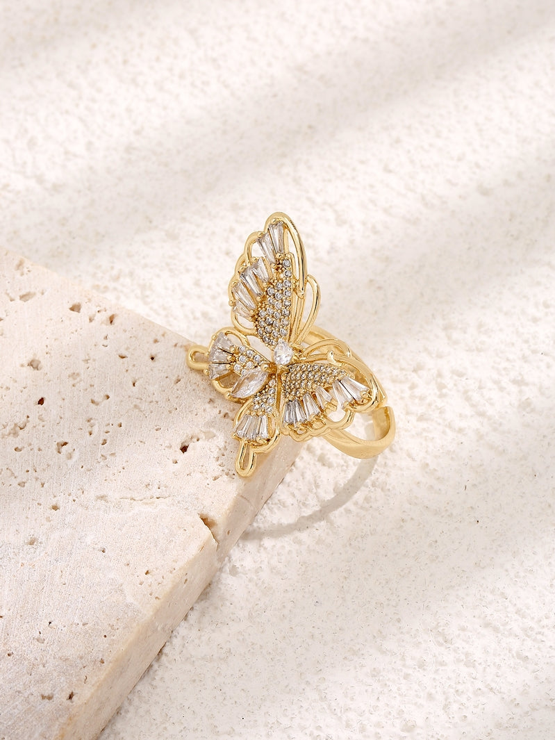 Sparkling Gold Tone Butterfly With Crystals Open Ring