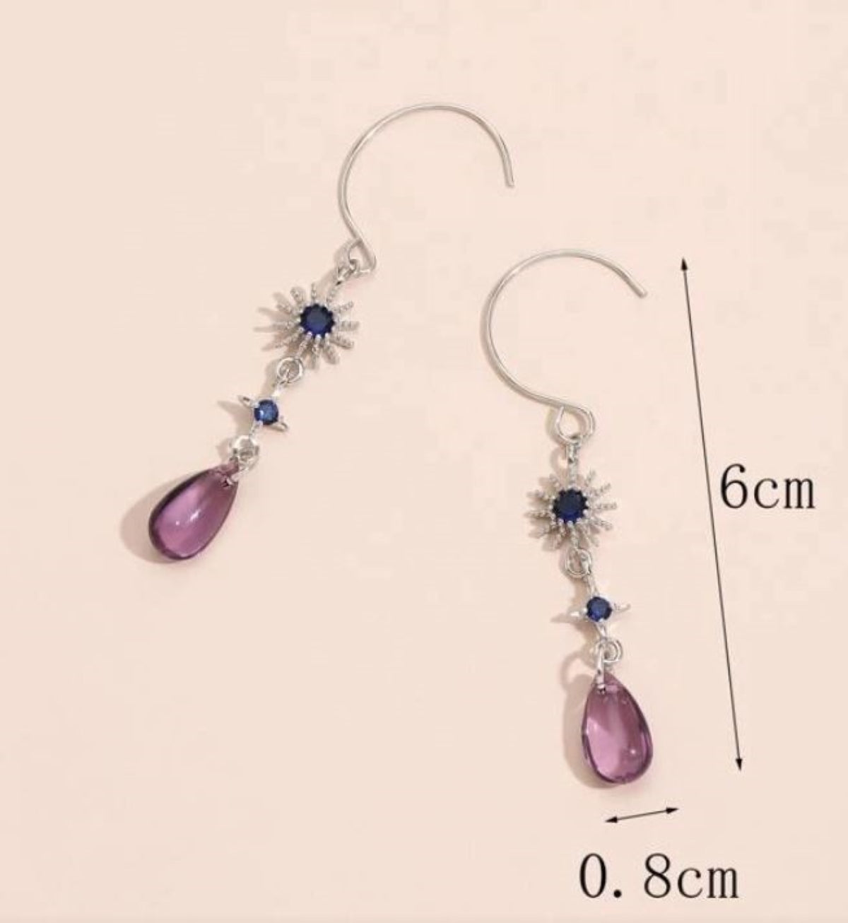 Blue Sun Crystal and Purple Water Drop Pendant Earrings