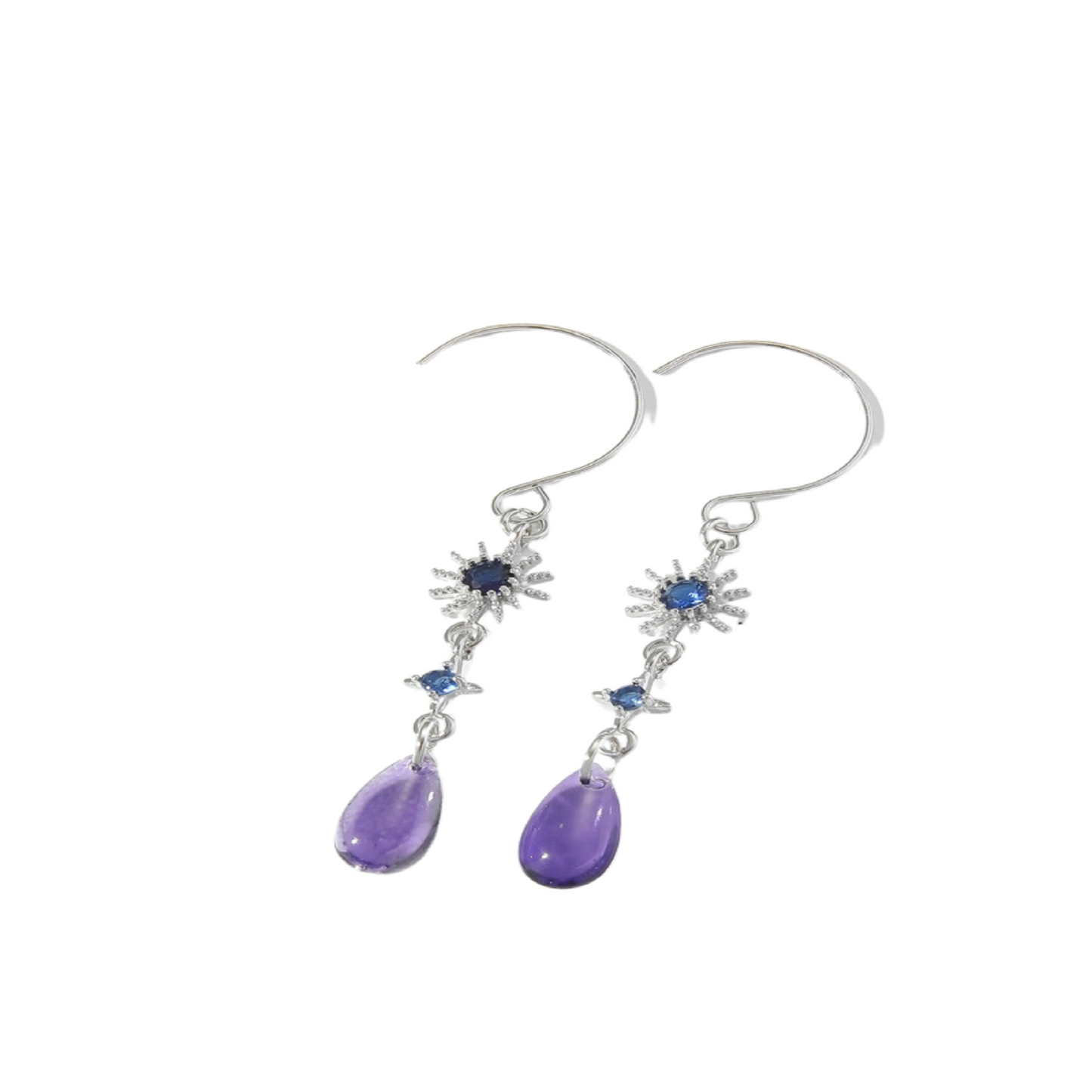Blue Sun Crystal and Purple Water Drop Pendant Earrings