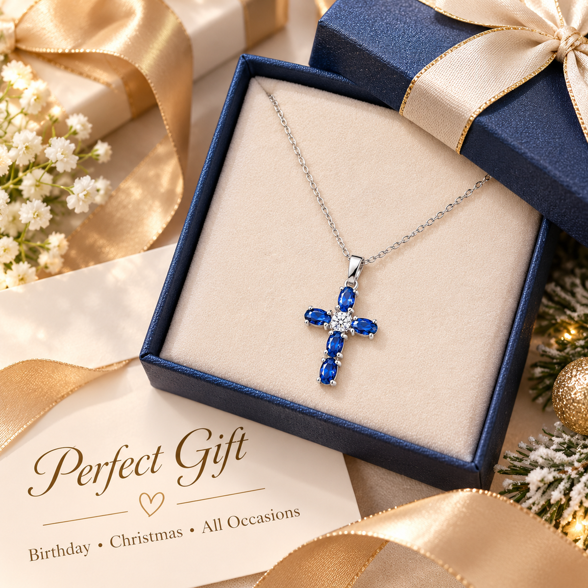 Beautiful Blue Sapphire Crystal Cross Silver Pendant Necklace