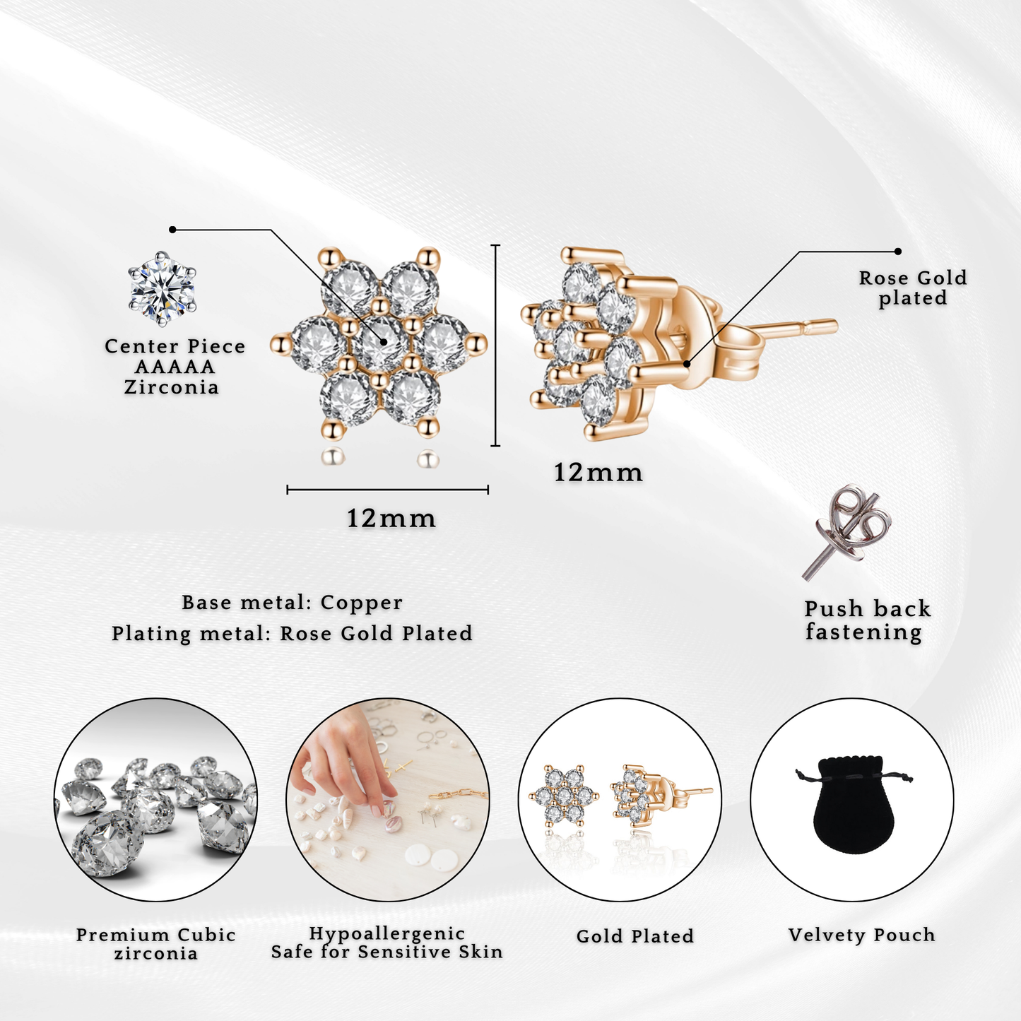 Sparkling Crystals Women Rosegold Flower Stud Earrings