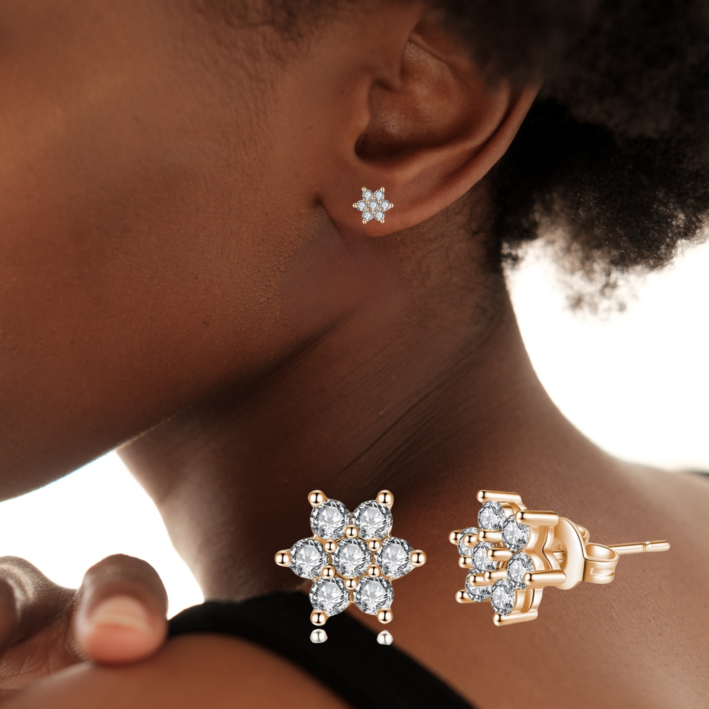 Sparkling Crystals Women Rosegold Flower Stud Earrings
