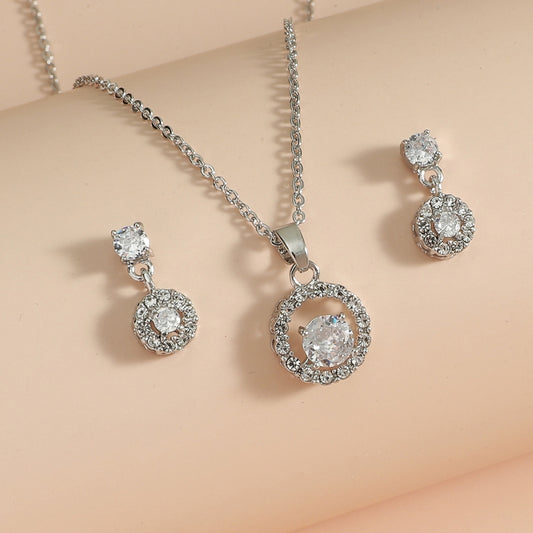 Silver Tone Cubic Zirconia Halo Clear Crystal Pendant Necklace and Earrings Set