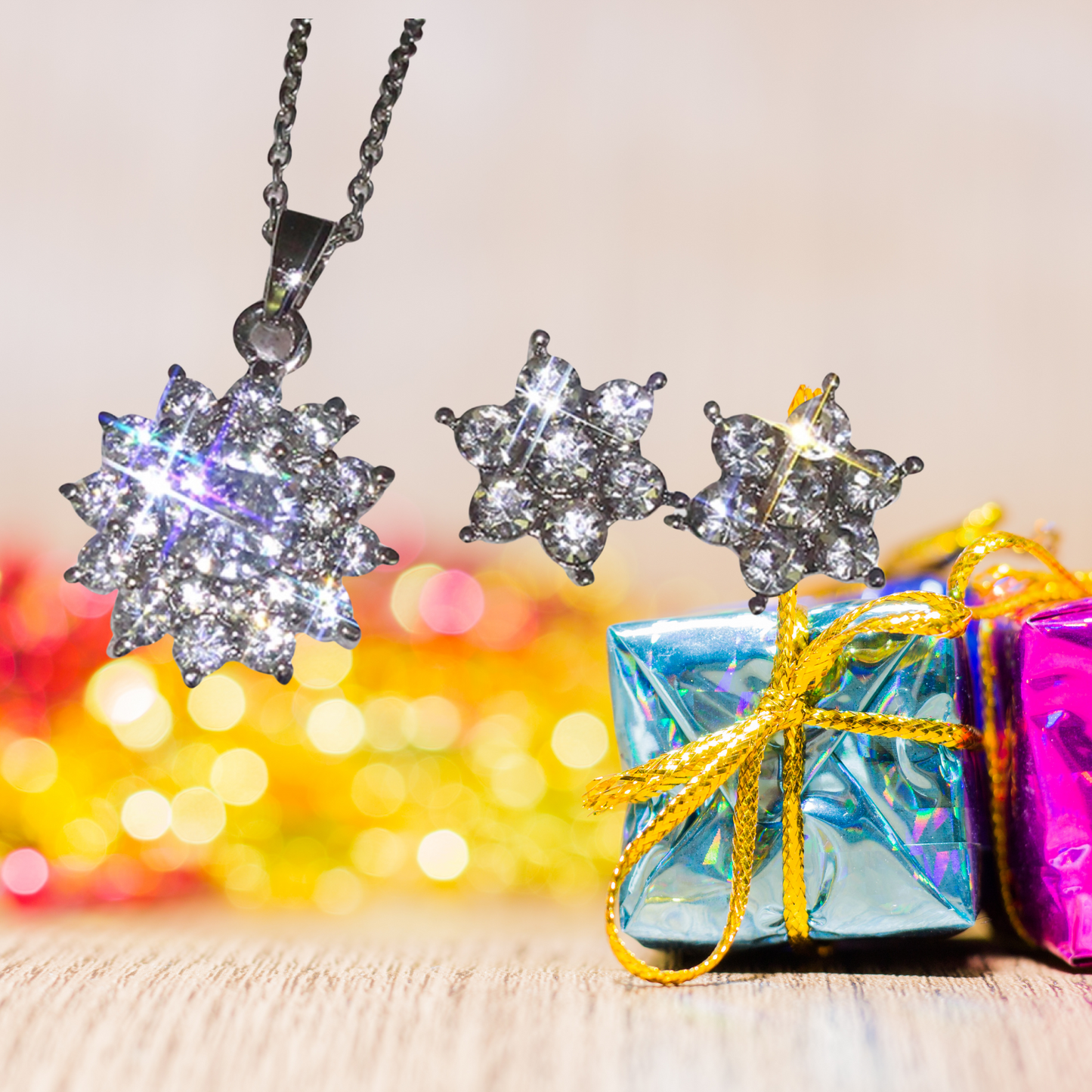 Sparkling Crystal Sunflower Necklace And Stud Earrings Set In Silver Tone