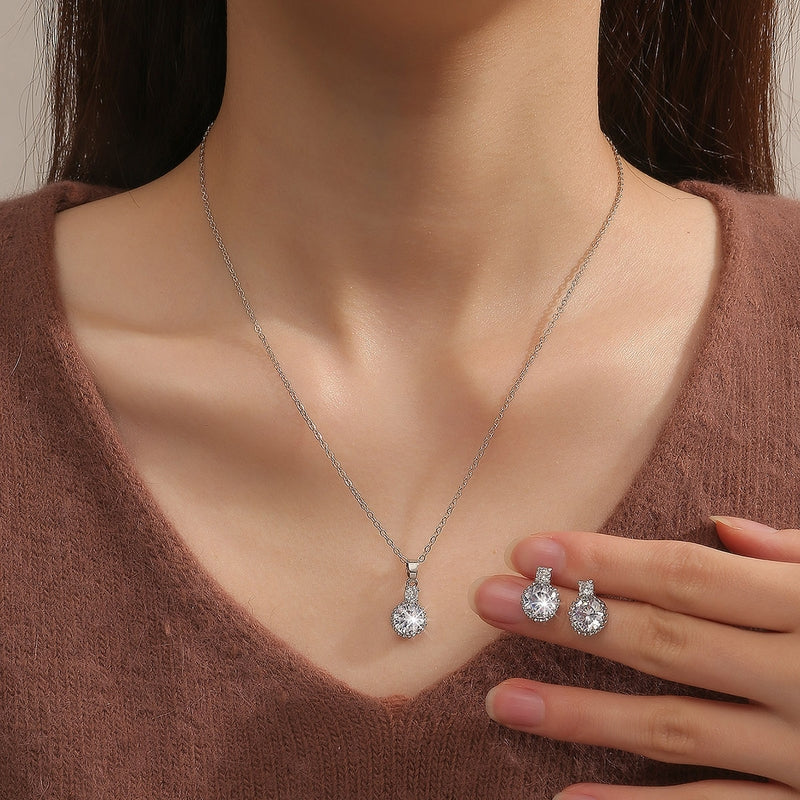Elegant Sparkling Round Crystal Pendant Necklace and Stud Earrings Set