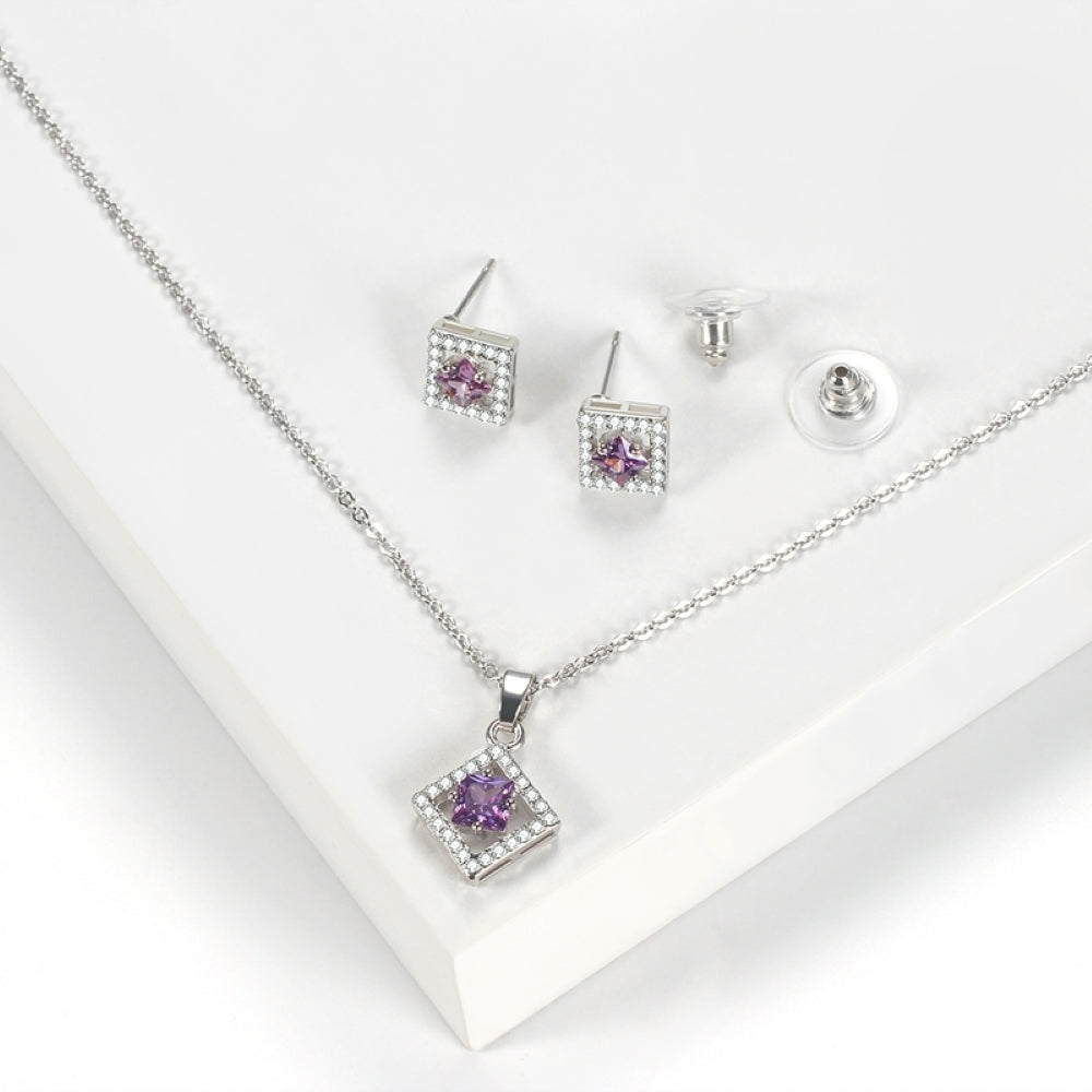 Dimond Shape Purple Crystal Necklace and Stud Earrings Set