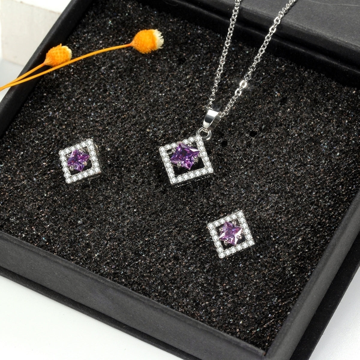 Dimond Shape Purple Crystal Necklace and Stud Earrings Set