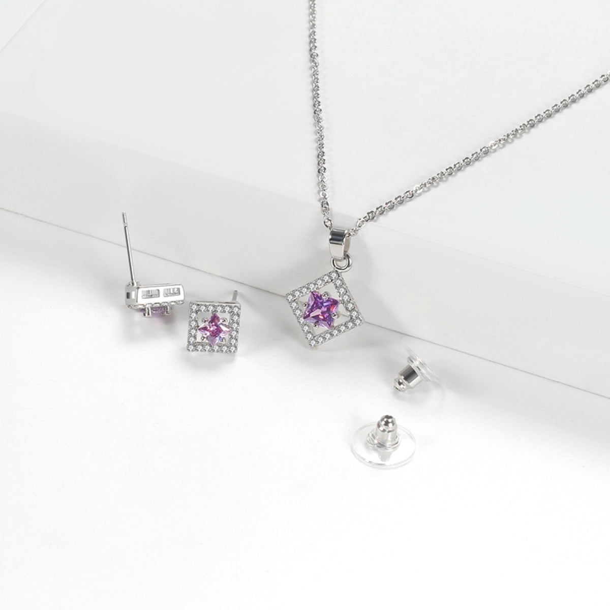 Dimond Shape Purple Crystal Necklace and Stud Earrings Set