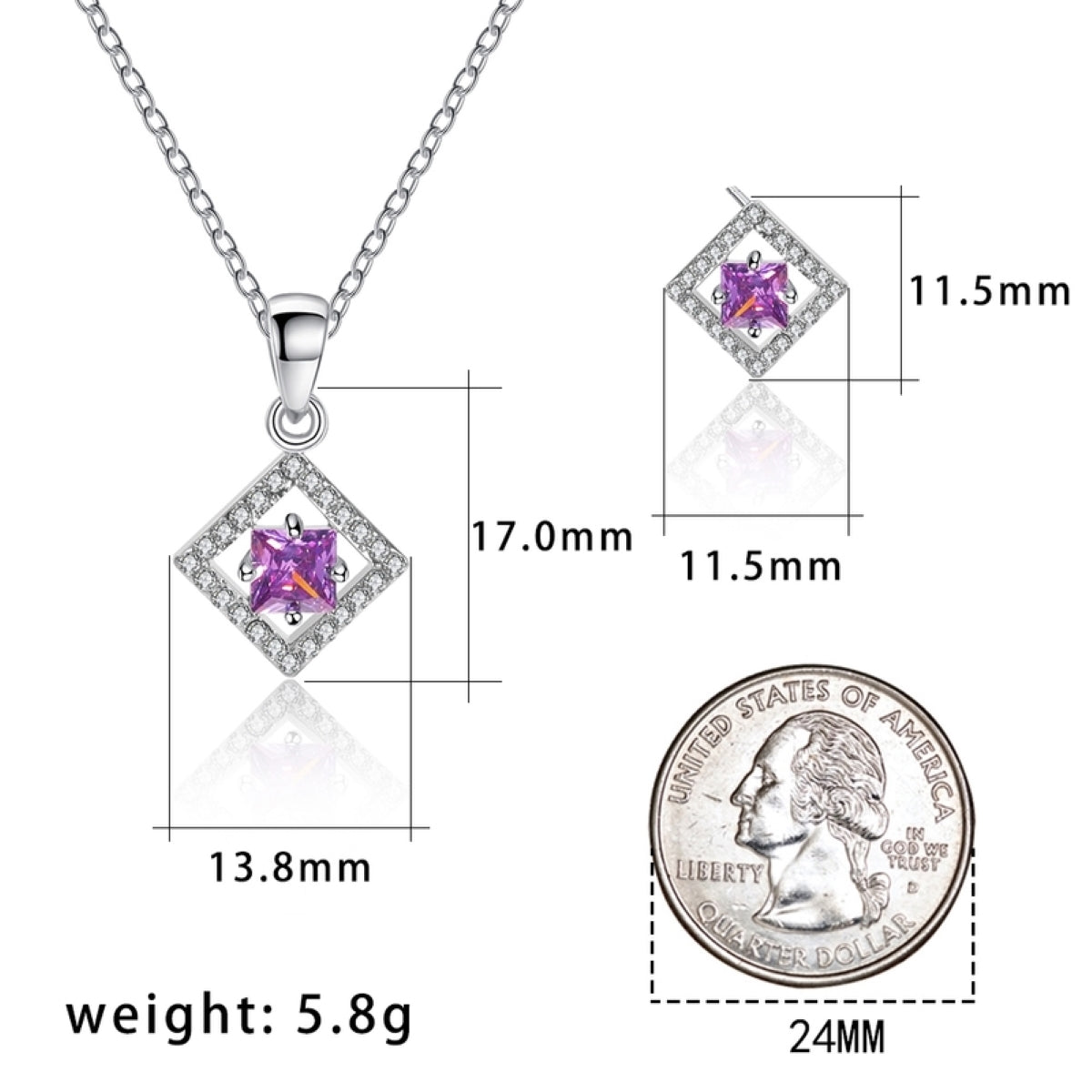 Dimond Shape Purple Crystal Necklace and Stud Earrings Set