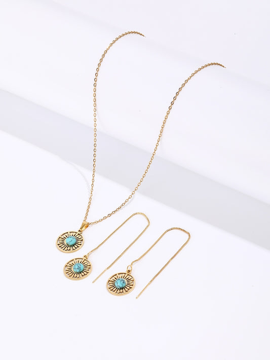 Natural Turquoise Stone Gold Tone Round Necklace and Earrings Set
