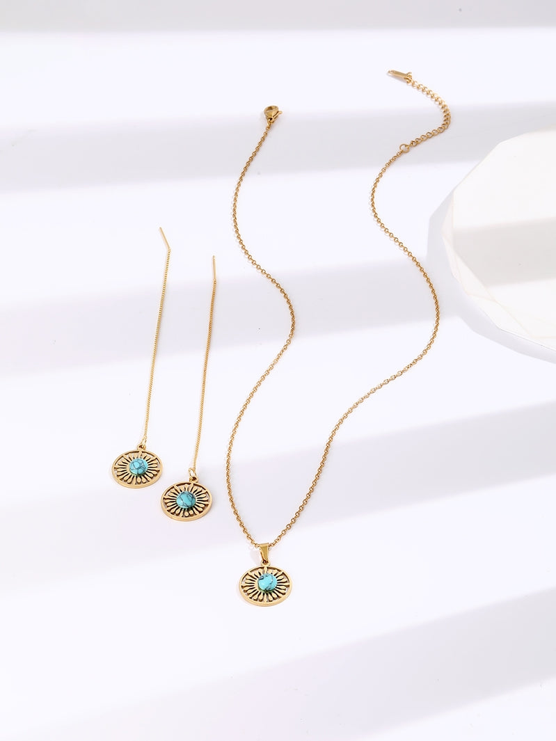 Natural Turquoise Stone Gold Tone Round Necklace and Earrings Set