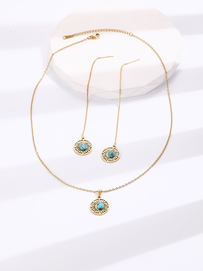 Natural Turquoise Stone Gold Tone Round Necklace and Earrings Set