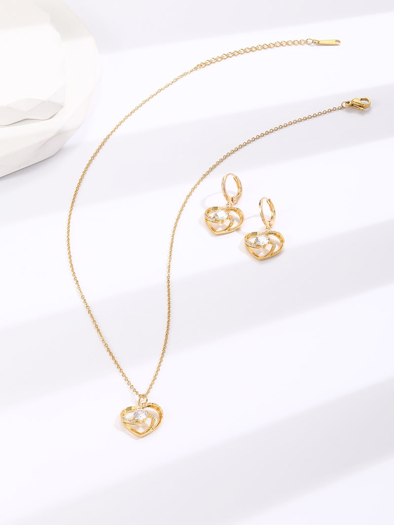 Gold Tone Crystal Heart Windmill Earrings and Necklace Set