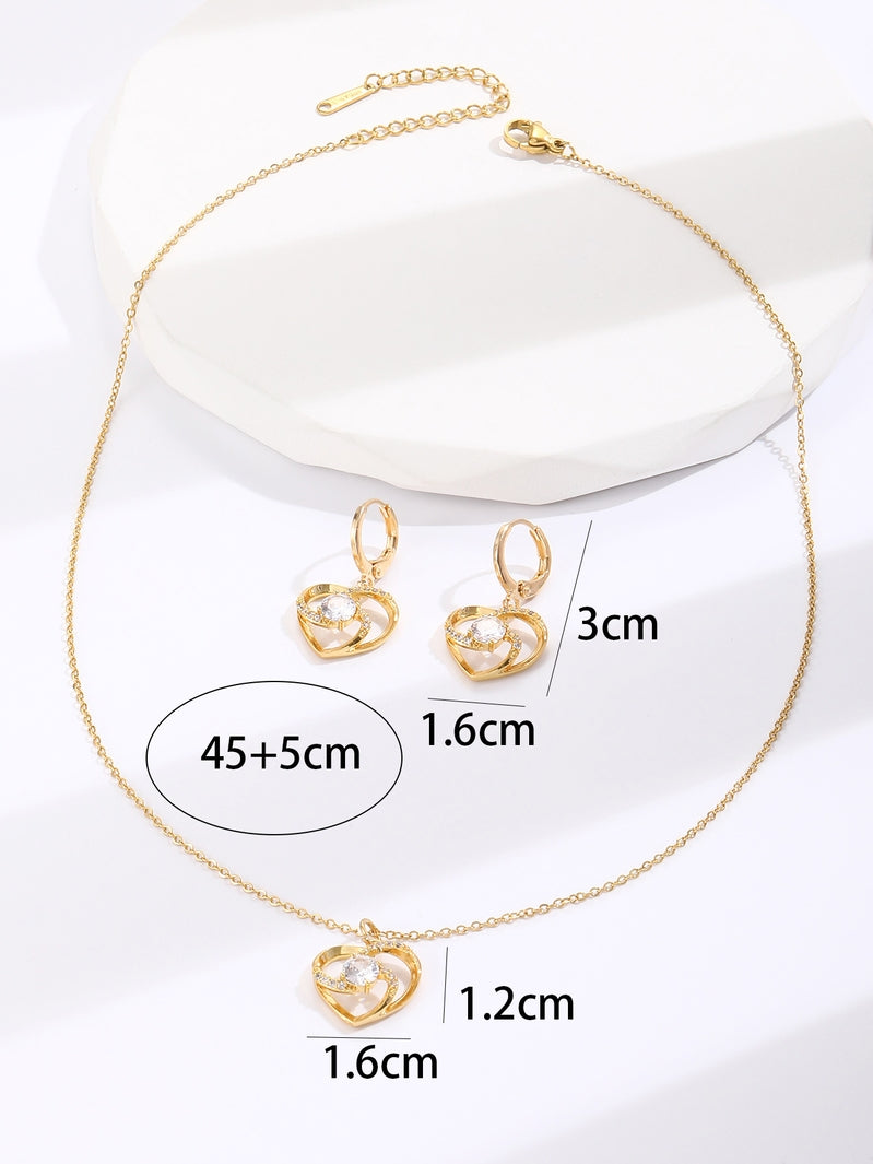 Gold Tone Crystal Heart Windmill Earrings and Necklace Set