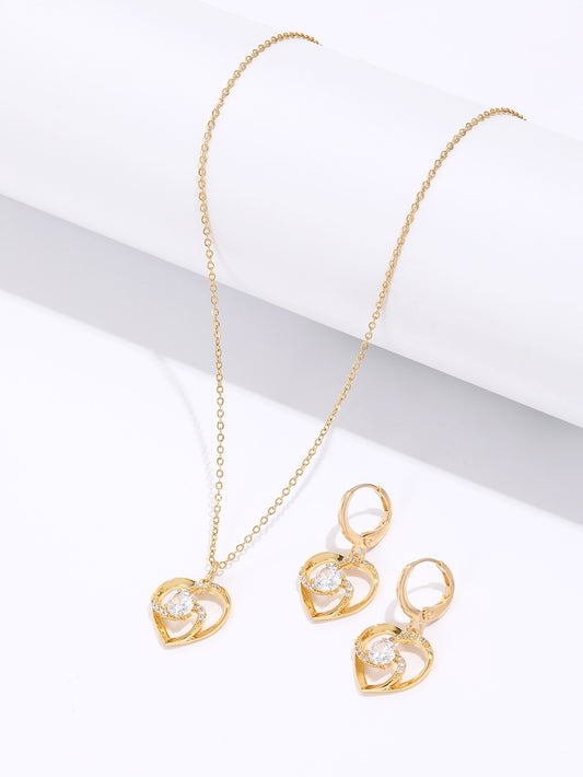 Gold Tone Crystal Heart Windmill Earrings and Necklace Set