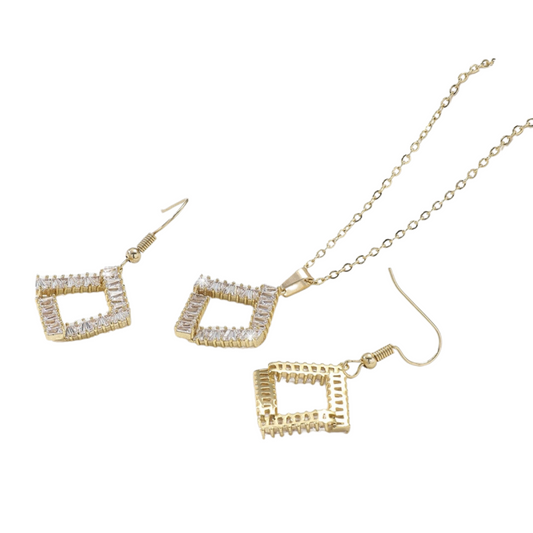 Gold Tone Crystal Square Shape Necklace and Earrings Set