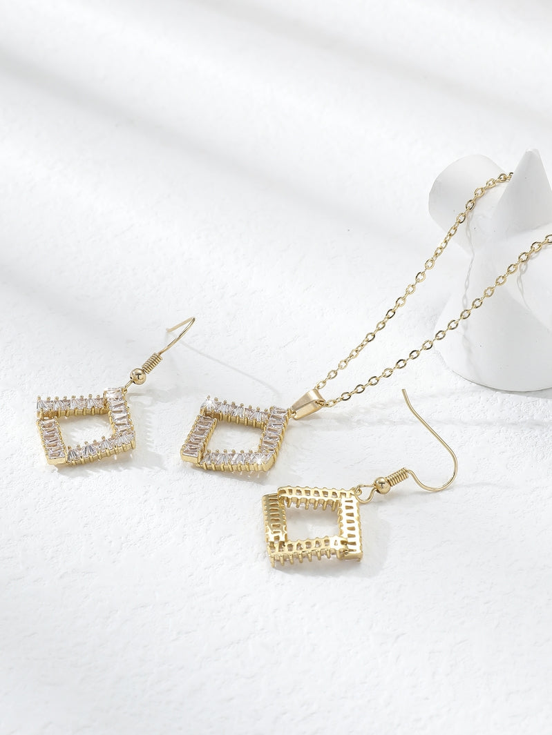 Gold Tone Crystal Square Shape Necklace and Earrings Set