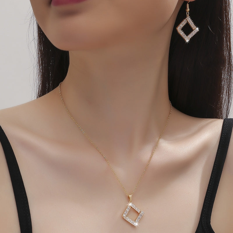 Gold Tone Crystal Square Shape Necklace and Earrings Set