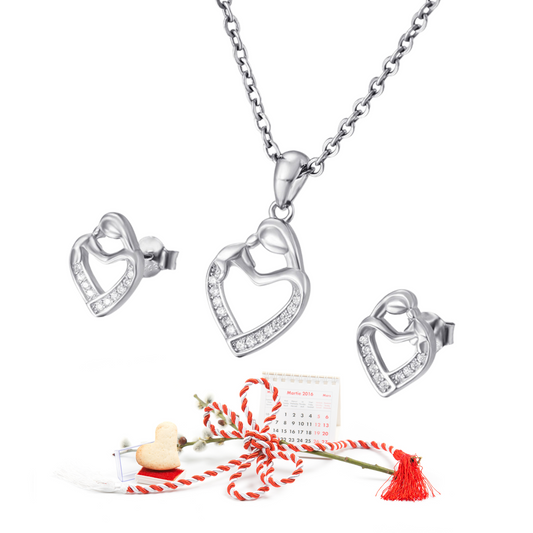Women Love Heart Crystal Pendant Necklace and Stud Earrings Set