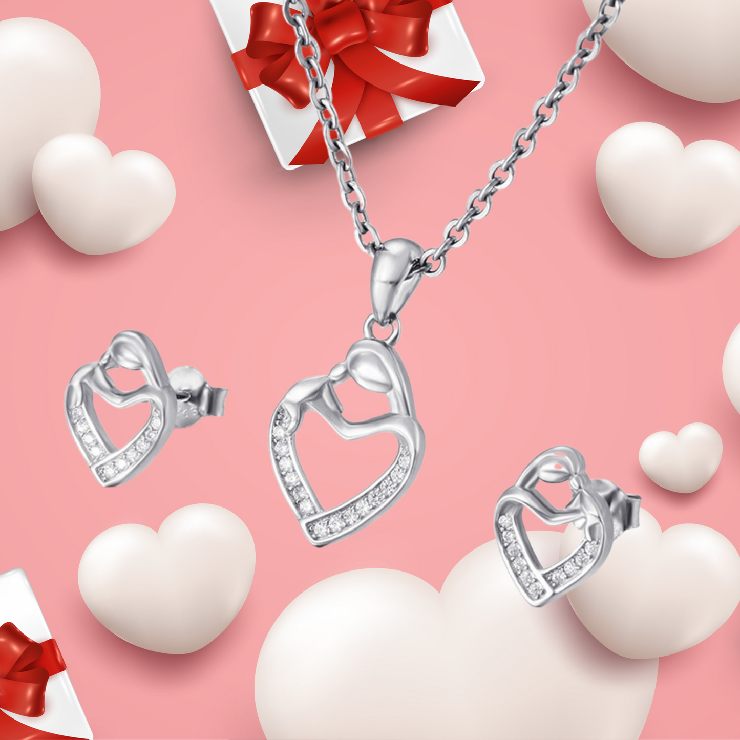 Women Love Heart Crystal Pendant Necklace and Stud Earrings Set