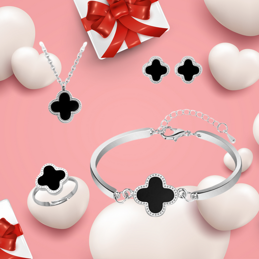Elegant Black Four Leaf Clover Necklace, Earring, Bracelet and Ring Silver Tone Jewellery Set