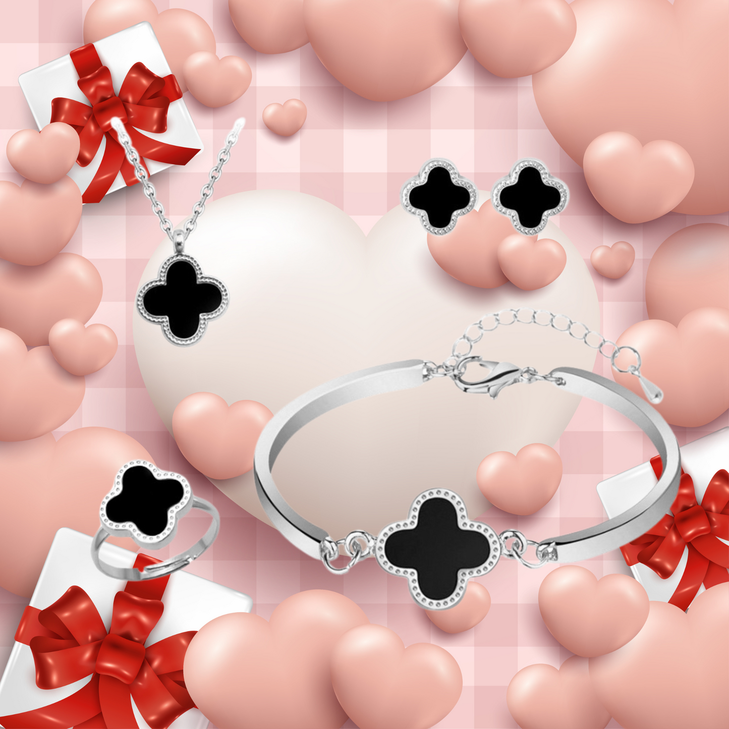 Elegant Black Four Leaf Clover Necklace, Earring, Bracelet and Ring Silver Tone Jewellery Set