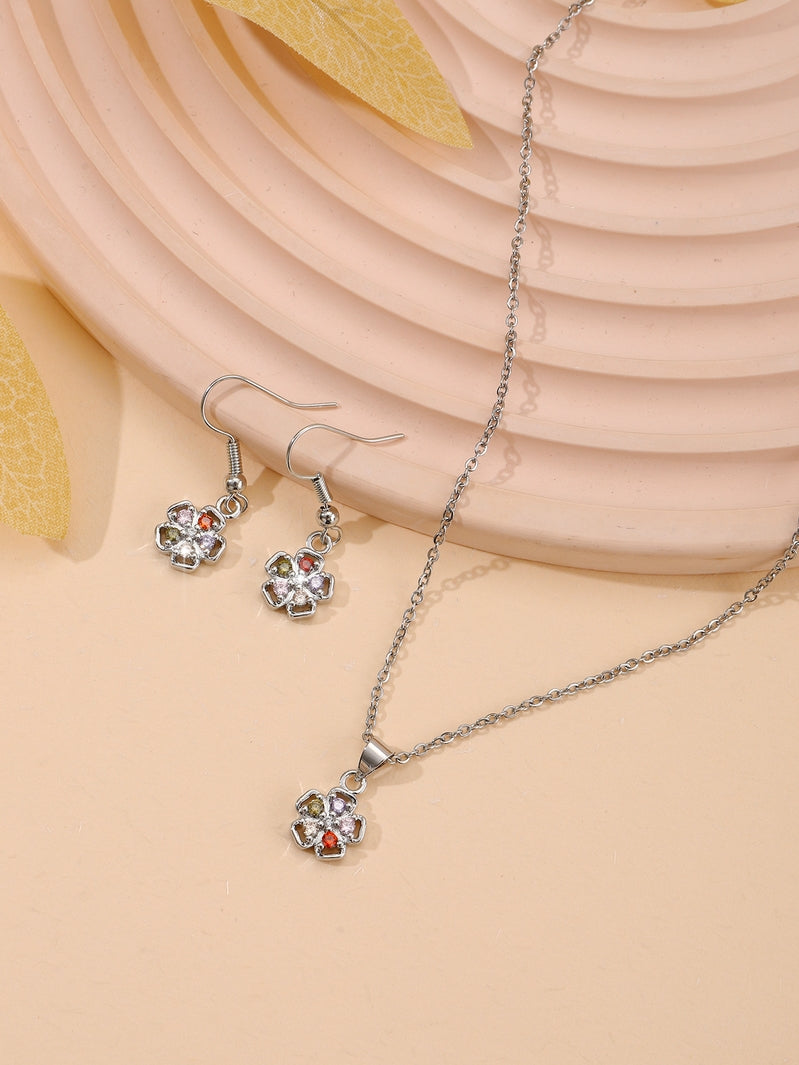Silver Tone Multi-colour Daisy Crystal Pendant Necklace And Earrings Set