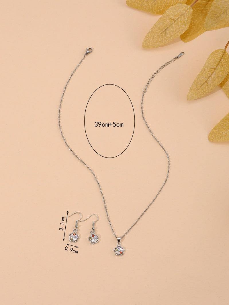Silver Tone Multi-colour Daisy Crystal Pendant Necklace And Earrings Set
