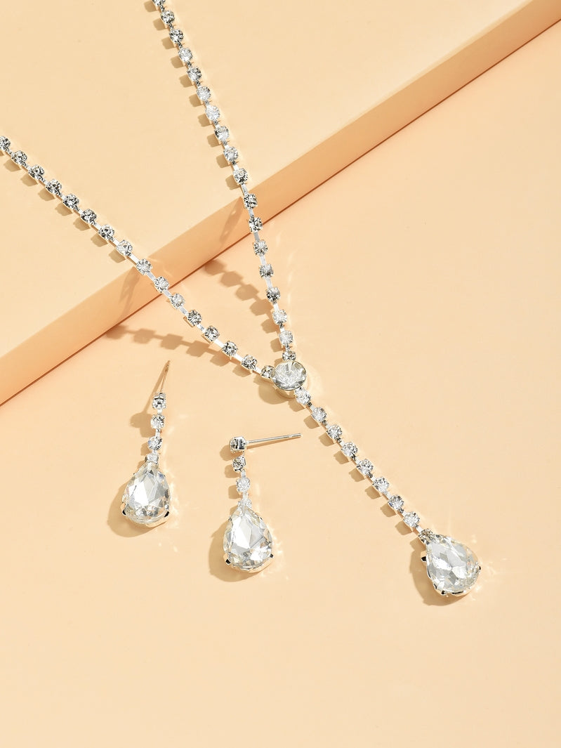 Sparkling Crystal Tear Drop Pendant Necklace and Earrings Set