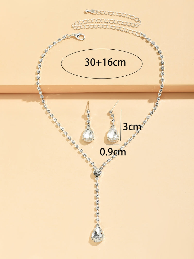 Sparkling Crystal Tear Drop Pendant Necklace and Earrings Set