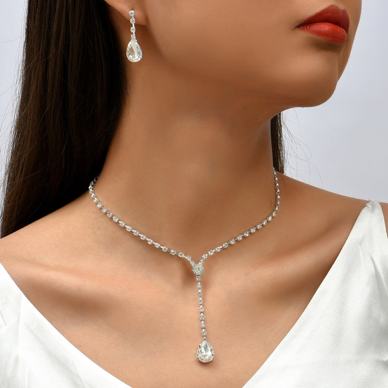 Sparkling Crystal Tear Drop Pendant Necklace and Earrings Set