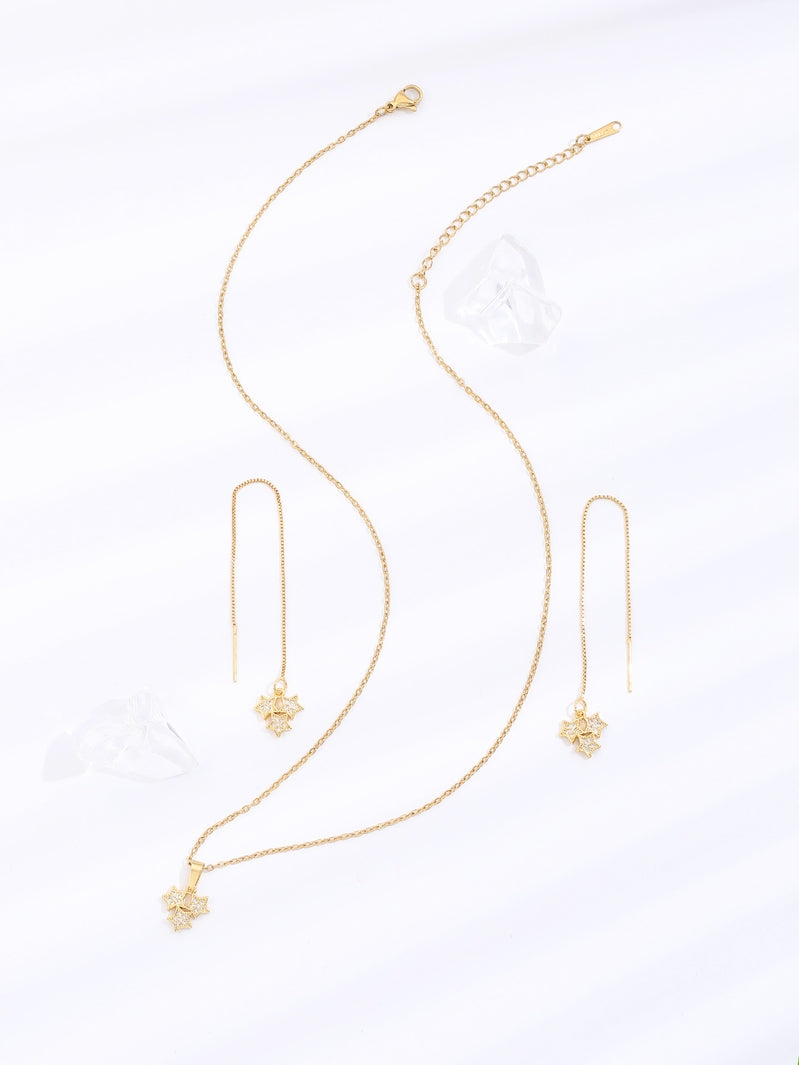 Beautiful Gold Tone Three Stars With Crystals Pendant Necklace and Earrings Set