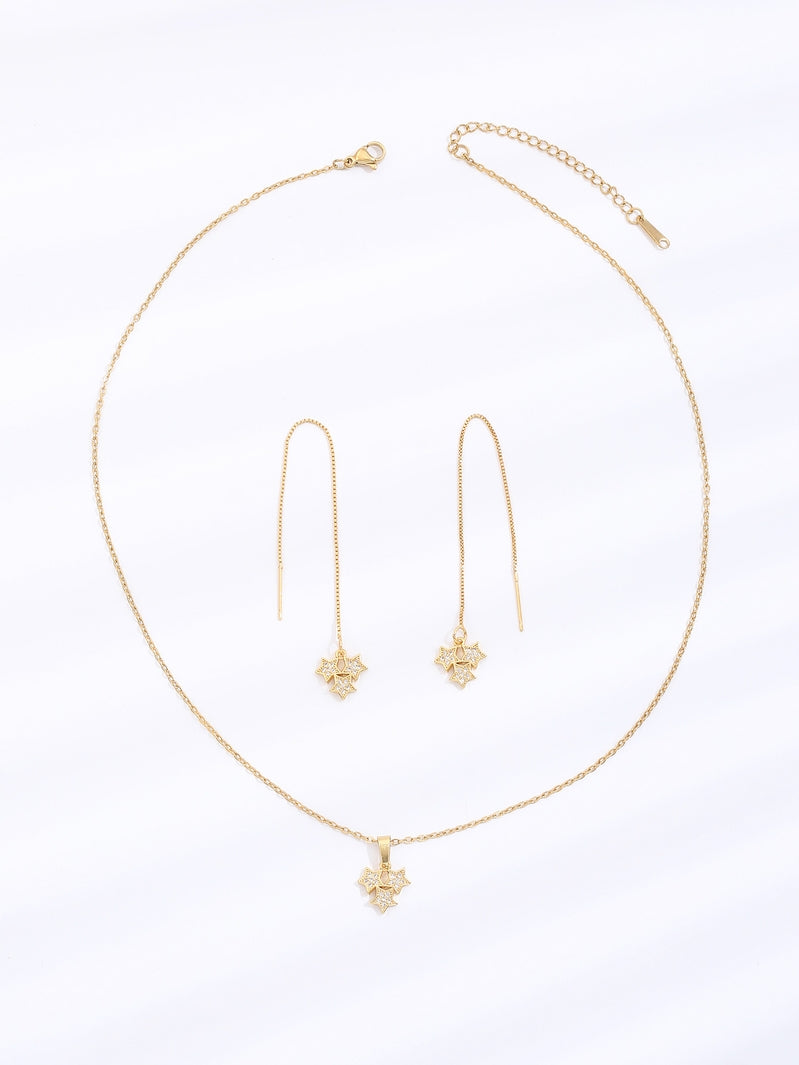 Beautiful Gold Tone Three Stars With Crystals Pendant Necklace and Earrings Set