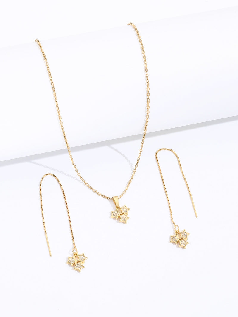 Beautiful Gold Tone Three Stars With Crystals Pendant Necklace and Earrings Set