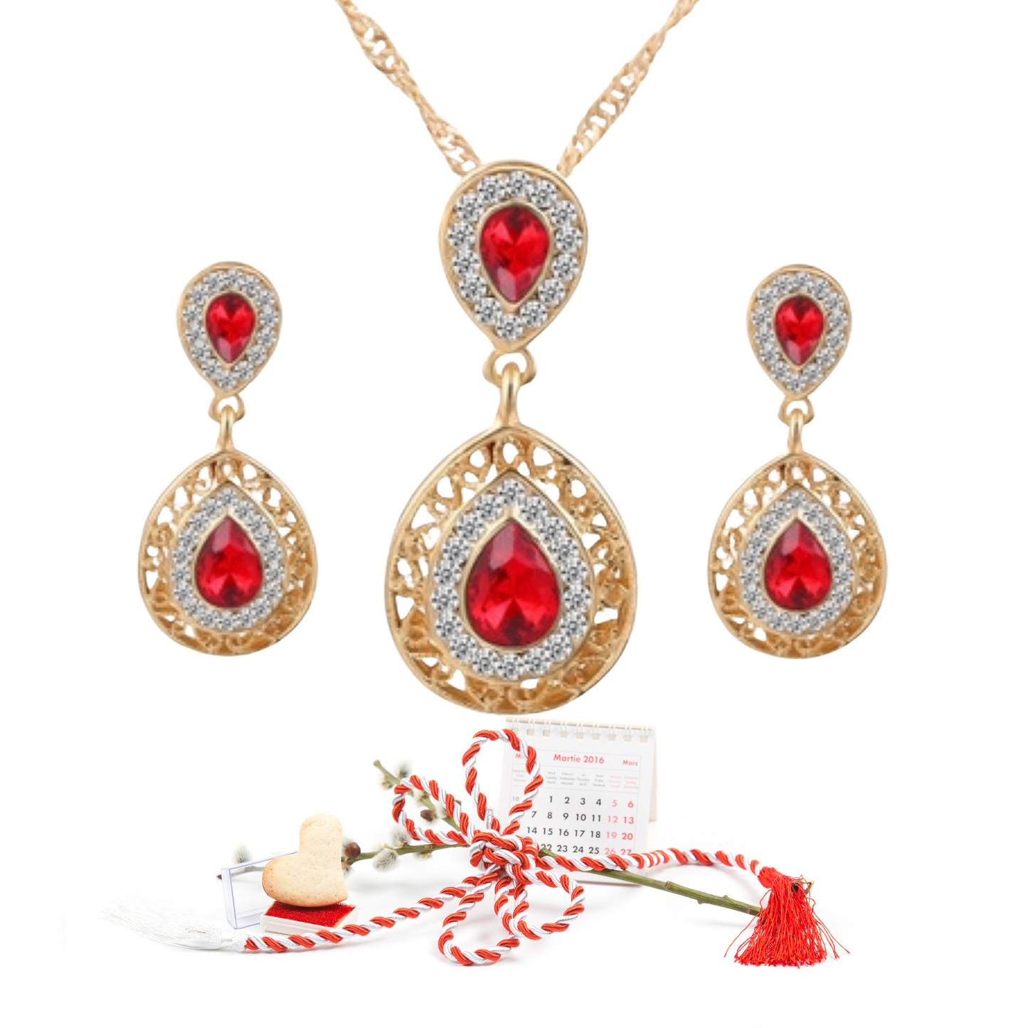 Gold Tone Women Red Water Drop Crystal Pendant Necklace and Earrings Set