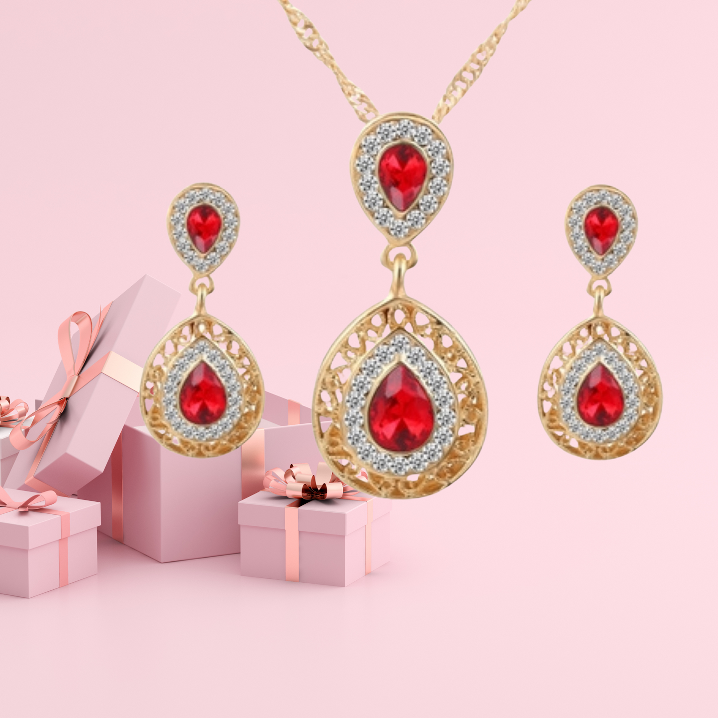 Gold Tone Women Red Water Drop Crystal Pendant Necklace and Earrings Set