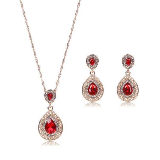 Gold Tone Women Red Water Drop Crystal Pendant Necklace and Earrings Set