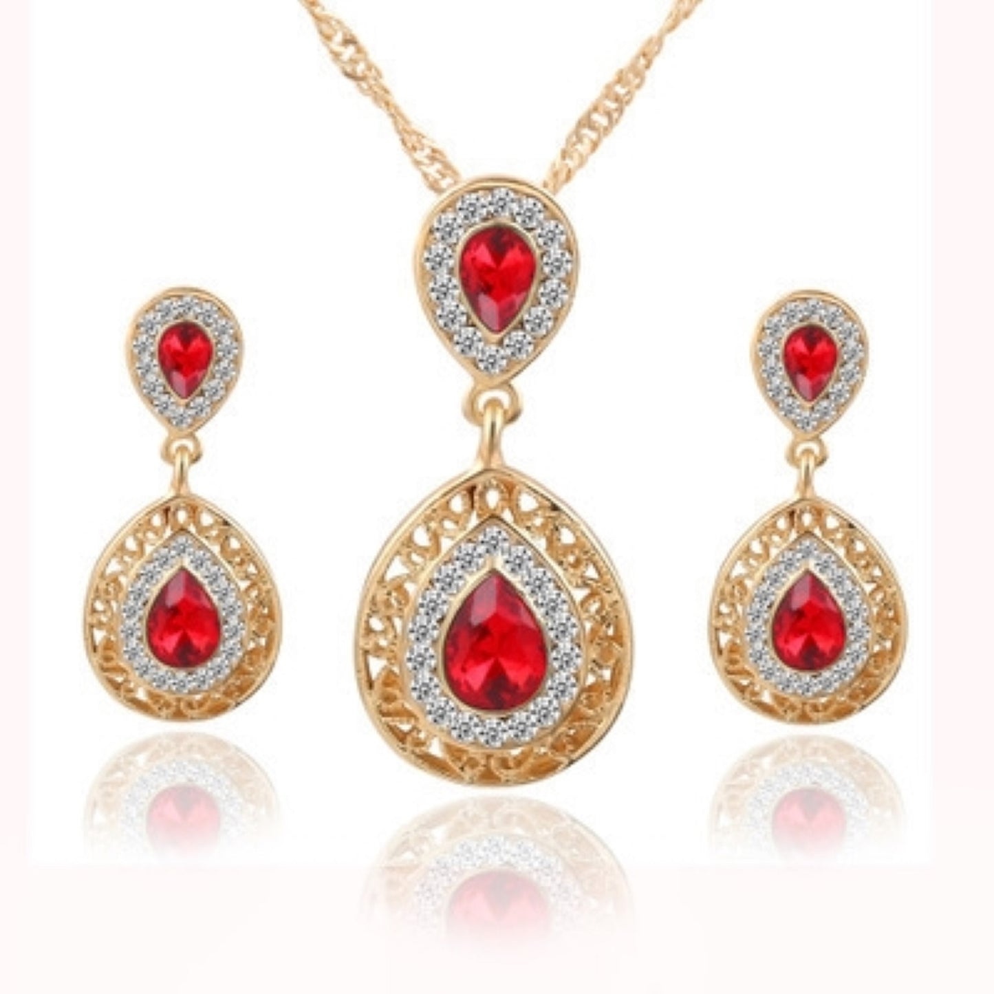 Gold Tone Women Red Water Drop Crystal Pendant Necklace and Earrings Set