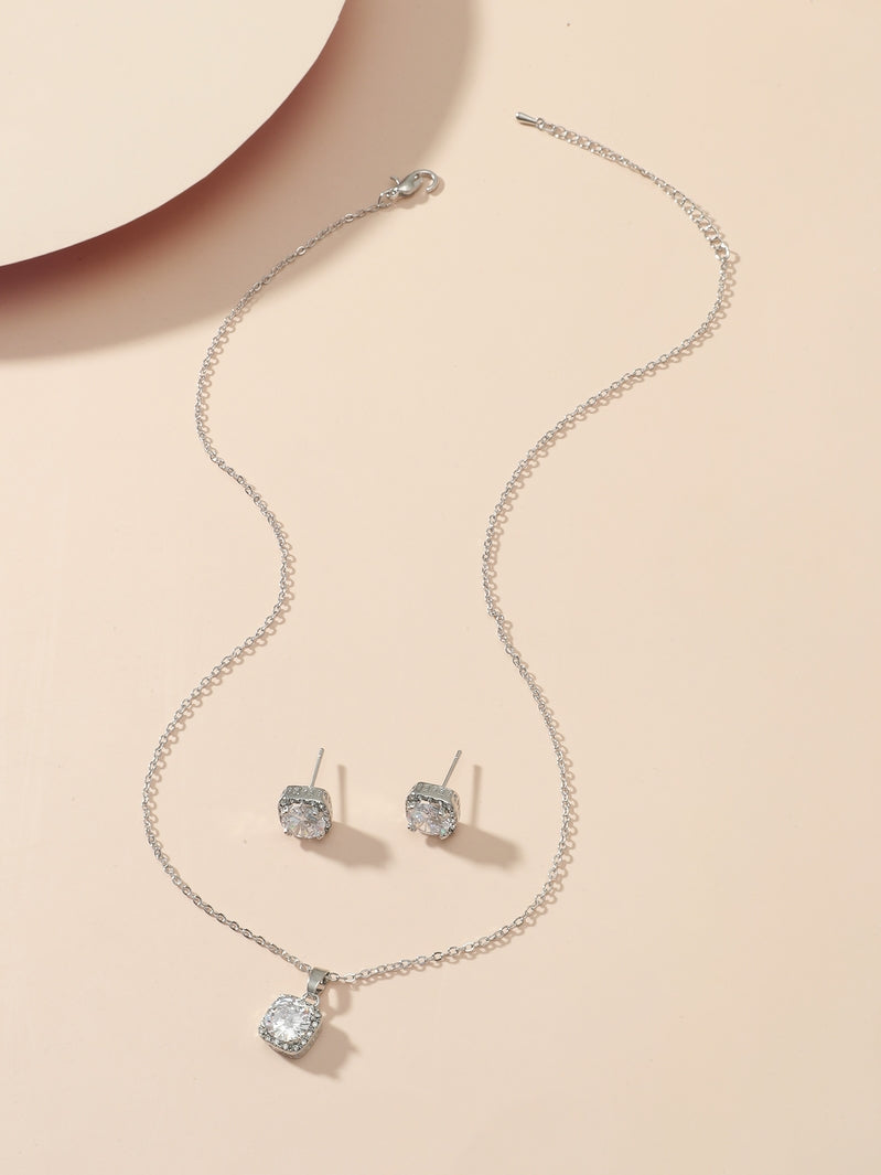 Silver Tone Square Crystal Pendant Necklace and Stud Earrings Set