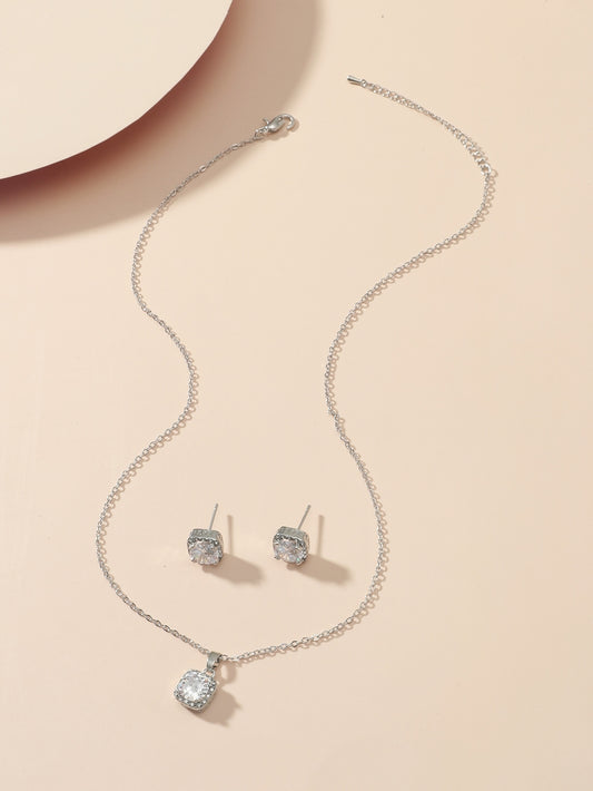 Silver Tone Square Crystal Pendant Necklace and Stud Earrings Set