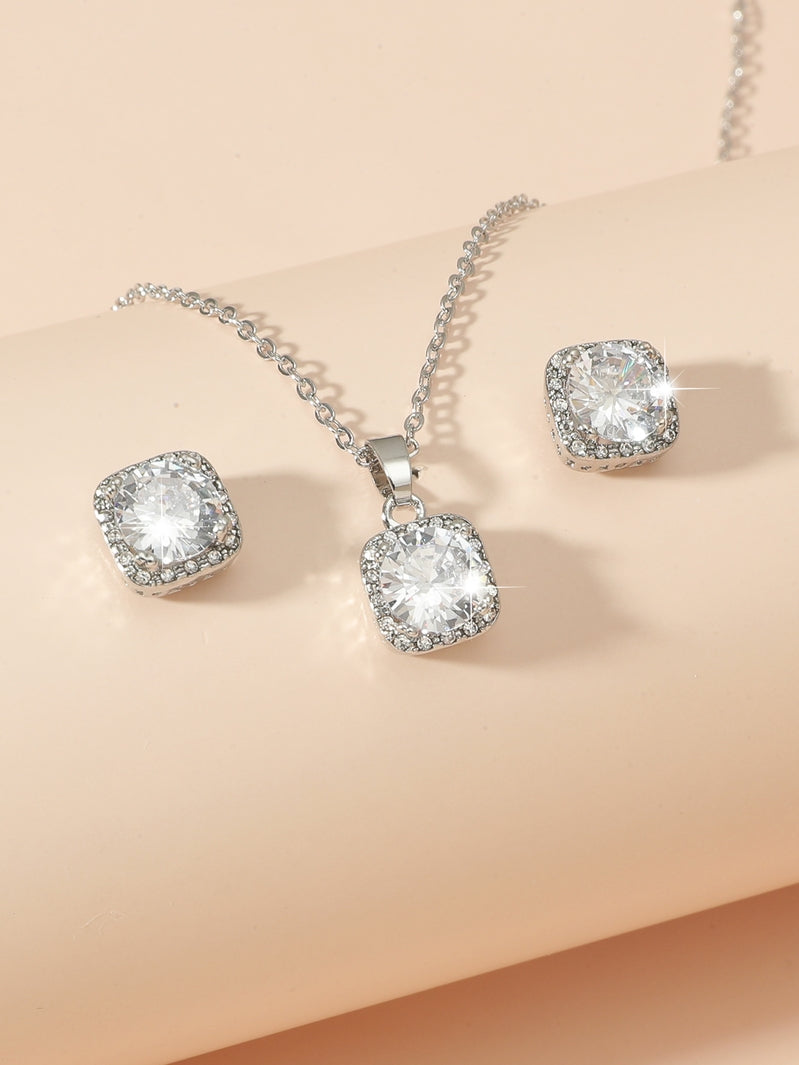 Silver Tone Square Crystal Pendant Necklace and Stud Earrings Set