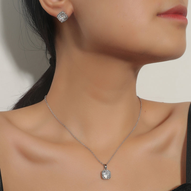 Silver Tone Square Crystal Pendant Necklace and Stud Earrings Set