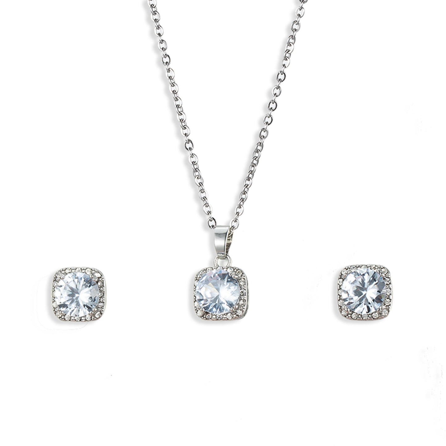 Silver Tone Square Crystal Pendant Necklace and Stud Earrings Set