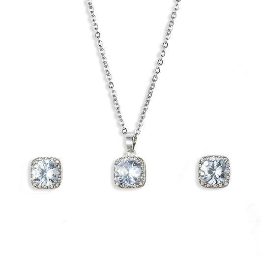Silver Tone Square Crystal Pendant Necklace and Stud Earrings Set